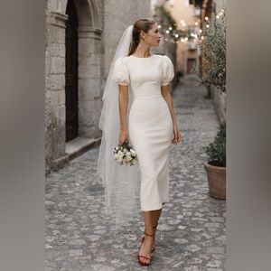 Ivory Stretch Crepe Sheath Style Puff Sleeve Midi Dress - Size Medium (4/6)